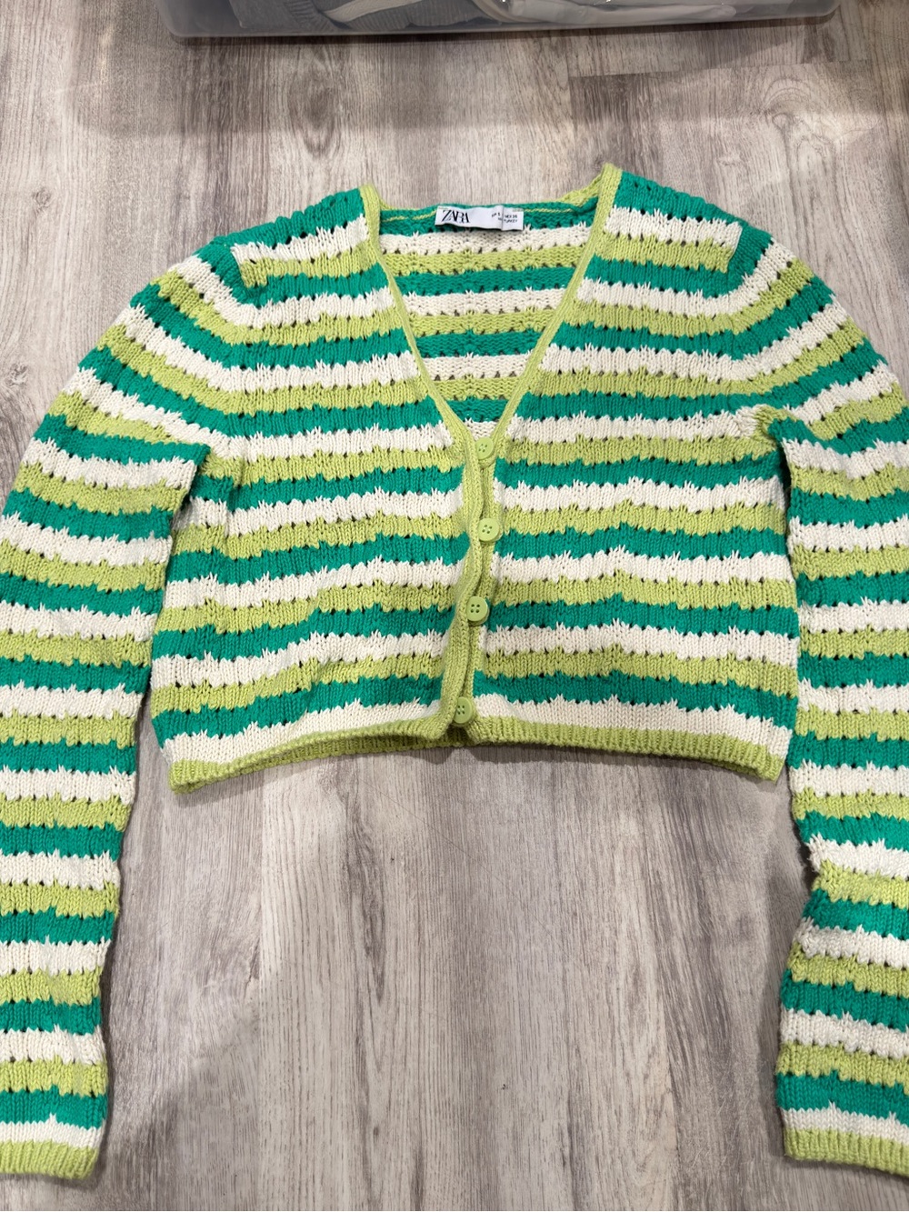 ZARA Green, Lime & White Striped Cropped Knit Cardigan
